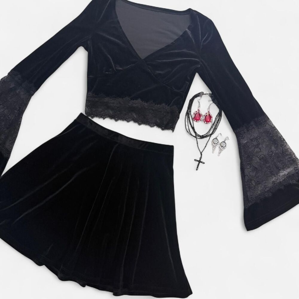Goth velvet bell sleeves crop top mini skirt cross necklace and earrings